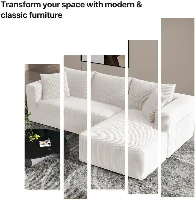 Alt view image 5 of 6 - Aukfa Sectional Couches for Living Room, 5 Seat Sofa Couch with Corduroy Fabric, L-Shaped Cloud Sofa Set with 5 Pillows, No Assembly High-Density Sponge Sofa for Apartment, White
