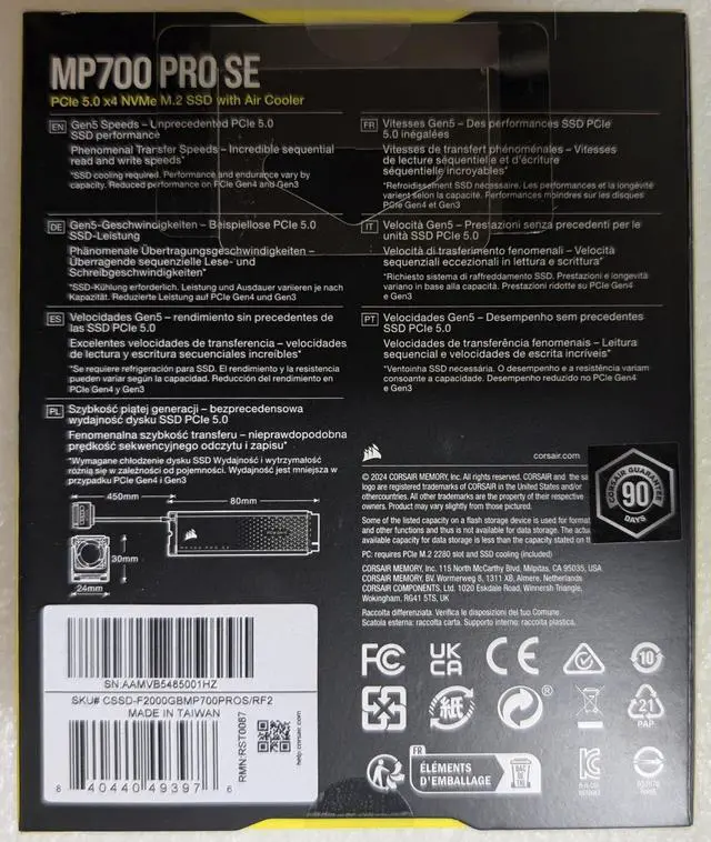 Alt view image 2 of 2 - CORSAIR MP700 PRO SE with Air Cooler M.2 2280 2TB PCI-Express 5.0 x4 3D TLC Internal Solid State Drive (SSD) CSSD-F2000GBMP700PROS/RF2