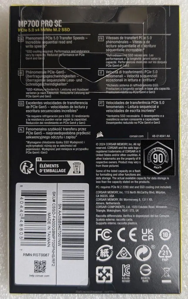 Alt view image 2 of 2 - Corsair MP700 PRO SE M.2 2280 4TB PCI-Express 5.0 x4 3D TLC Internal Solid State Drive Up to 14000 MB/sec (SSD) CSSD-F4000GBMP700PNHS/RF2