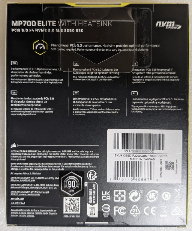 Alt view image 2 of 2 - Corsair MP700 Elite M.2 2280 2TB PCI-Express 5.0 x4 3D TLC Internal Solid State Drive (SSD) Up to 10000 MB/s CSSD-F2000GBMP700EHS/RF2