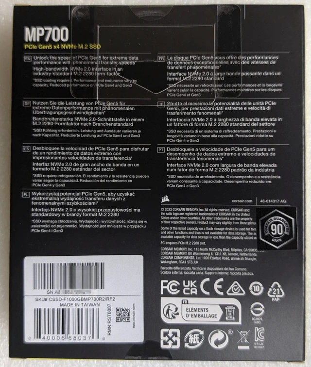 Alt view image 2 of 3 - Corsair MP700 Gen5 NVME SSD M.2 2280 1TB PCI-Express 5.0 x4 3D TLC Internal Solid State Drive (SSD) CSSD-F1000GBMP700R2/RF2