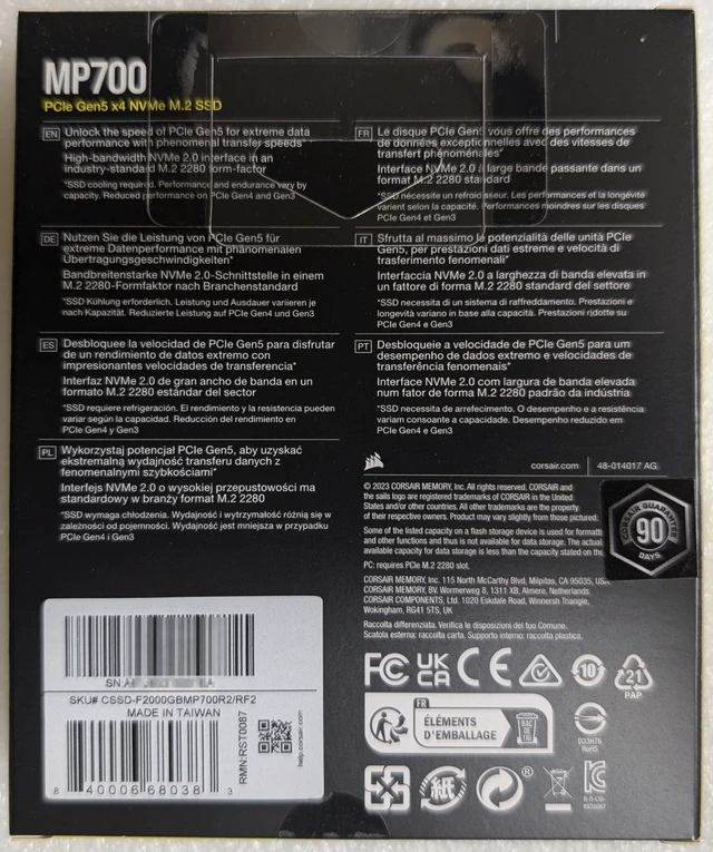 Alt view image 2 of 2 - Corsair MP700 Gen5 NVME SSD M.2 2280 2TB PCI-Express 5.0 x4 3D TLC Internal Solid State Drive Up to 10,000MB/sec (SSD) CSSD-F2000GBMP700R2/RF2