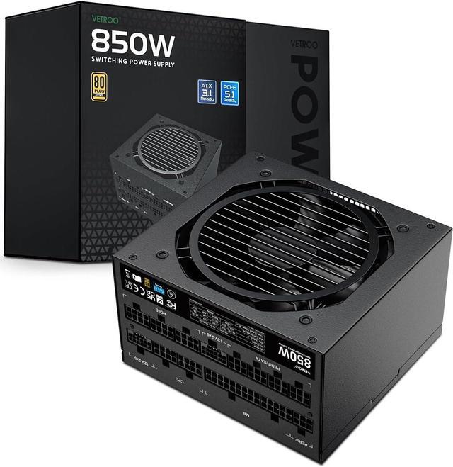 Main image of Vetroo 850W Power Supply Dual PCIe 5.1 ATX 3.1 Ready, 80 Plus Gold Full Modular, Quiet Operation with 120mm FDB Fan, 10-Year Warranty - Black