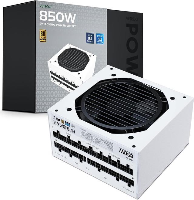 Main image of Vetroo 850W Power Supply Dual PCIe 5.1 ATX 3.1 Ready, 80 Plus Gold Full Modular, Quiet Operation with 120mm FDB Fan, 10-Year Warranty - White