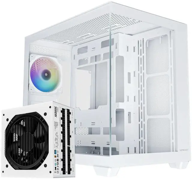 Main image of Vetroo AL900 White ATX PC Case with 1000W White Power Supply, 270° Full View Tempered Glass, Pre-Installed ARGB & PWM FDB Fan, Supports 360mm Radiator & 10 Fans, Type-C Ready
