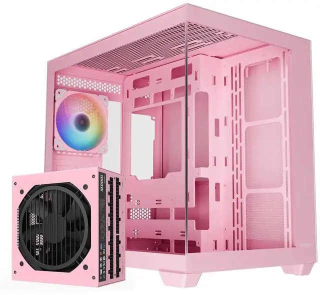Main image of Vetroo AL900 Pink ATX PC Case with 1000W Pink Power Supply, 270° Full View Tempered Glass, Pre-Installed ARGB & PWM FDB Fan, Supports 360mm Radiator & 10 Fans, Type-C Ready