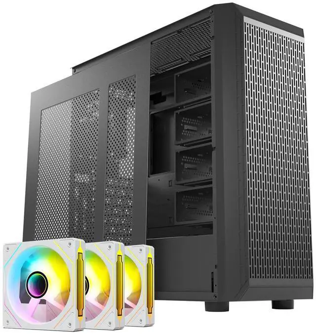Main image of DARKROCK Classico Storage Master ATX NAS Computer Case Mid Tower with 3x120mm White Infinity Design F120 Fan & 4x120mm Black Fan, USB 3.0 Ready 10 x3.5'' HDD+3 x2.5'' SDD GPU Vertically Mounting Black