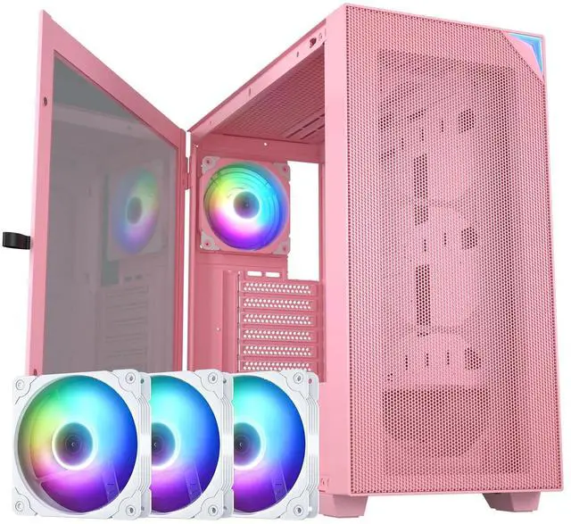 Main image of VETROO AL800 Full Tower Pink PC Computer Case - 3 Pcs White 120mm ARGB Fan, Door Opening Design Tempered Glass, E-ATX/ATX Support, Adjustable LED Strip, Pre-Installed ARGB & PWM FDB Fan in Rear