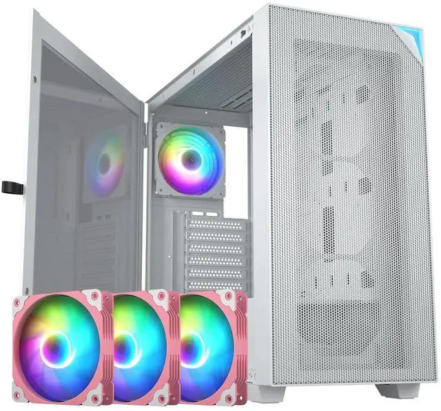 Main image of VETROO AL800 Full Tower White PC Computer Case - 3 Pcs Pink 120mm ARGB Fan, Door Opening Design Tempered Glass, E-ATX/ATX Support, Adjustable LED Strip, Pre-Installed ARGB & PWM FDB Fan in Rear