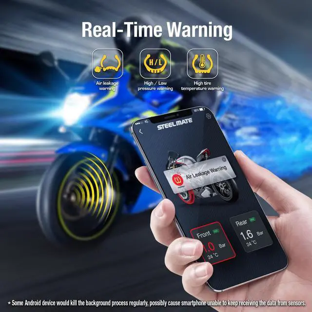 Alt view image 5 of 7 - STEEL MATE 2pcs Bluetooth 5.0 Tire Pressure Monitoring System, Tire Pressure & Temperature Alarm TPMS Monitor with 2 External Sensor for Motorcycle, Bicycle, Support iOS & Android