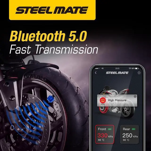 Alt view image 3 of 7 - STEEL MATE 2pcs Bluetooth 5.0 Tire Pressure Monitoring System, Tire Pressure & Temperature Alarm TPMS Monitor with 2 External Sensor for Motorcycle, Bicycle, Support iOS & Android