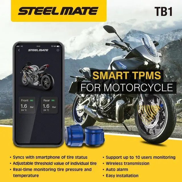 Alt view image 6 of 7 - STEEL MATE 2pcs Bluetooth 5.0 Tire Pressure Monitoring System, Tire Pressure & Temperature Alarm TPMS Monitor with 2 External Sensor for Motorcycle, Bicycle, Support iOS & Android
