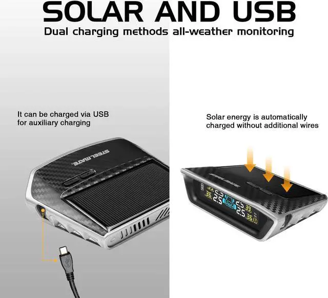 Alt view image 2 of 7 - STEELMATE S11 Solar Tire Pressure Monitoring System with 4 External Wireless Sensor (0-87 PSI) 6 Alarm Modes Real-time Monitoring Solar Power TPMS for 4-Wheel Vehicle
