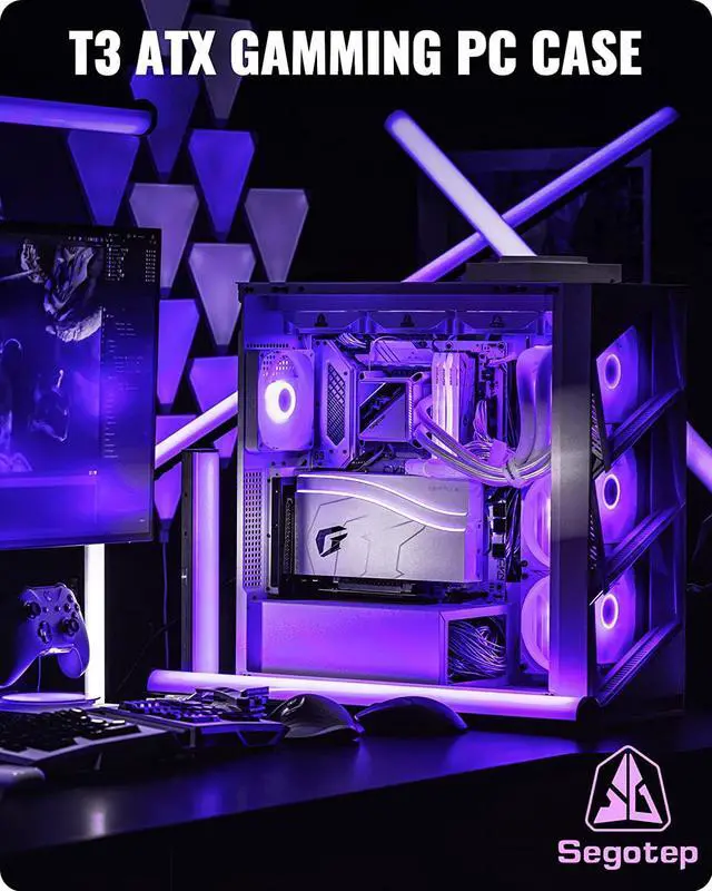 Alt view image 7 of 7 - Segotep T3 White Mid-Tower ATX Gaming PC Case w/ ARGB & PWM Fan, Support Top & Side 360mm Radiators, Snap-On Opening & Closing Front Panel, Type-C I/O Port, Tool-Free Disassemble