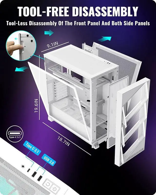 Alt view image 8 of 7 - Segotep T3 White Mid-Tower ATX Gaming PC Case w/ ARGB & PWM Fan, Support Top & Side 360mm Radiators, Snap-On Opening & Closing Front Panel, Type-C I/O Port, Tool-Free Disassemble