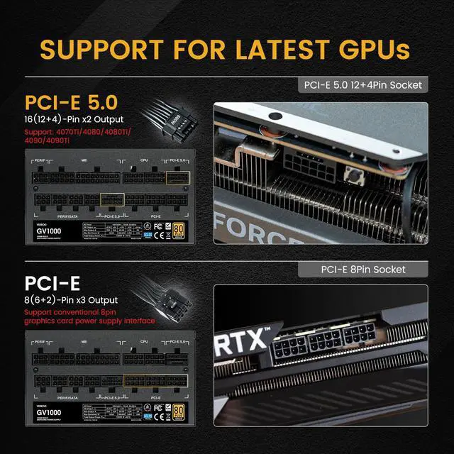 Alt view image 5 of 7 - Vetroo 1000W Power Supply ATX 3.0 Ready, Dual 12+4PIN PCIE 5.0 12VHPWR Ports & Three 6+2Pin PCIE ports, Full Modular 80 plus Gold, 12VHPWR Cable Included, ECO Fan Mode manually, 10 Year Warranty