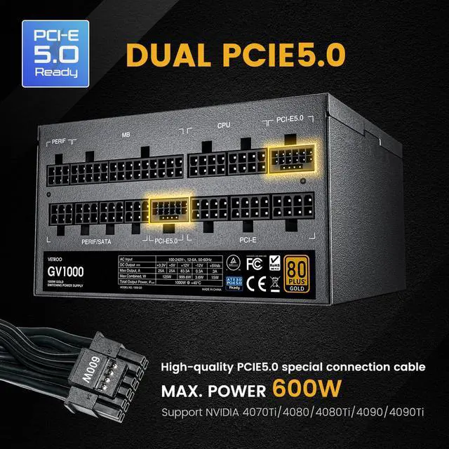 Alt view image 3 of 7 - Vetroo 1000W Power Supply ATX 3.0 Ready, Dual 12+4PIN PCIE 5.0 12VHPWR Ports & Three 6+2Pin PCIE ports, Full Modular 80 plus Gold, 12VHPWR Cable Included, ECO Fan Mode manually, 10 Year Warranty