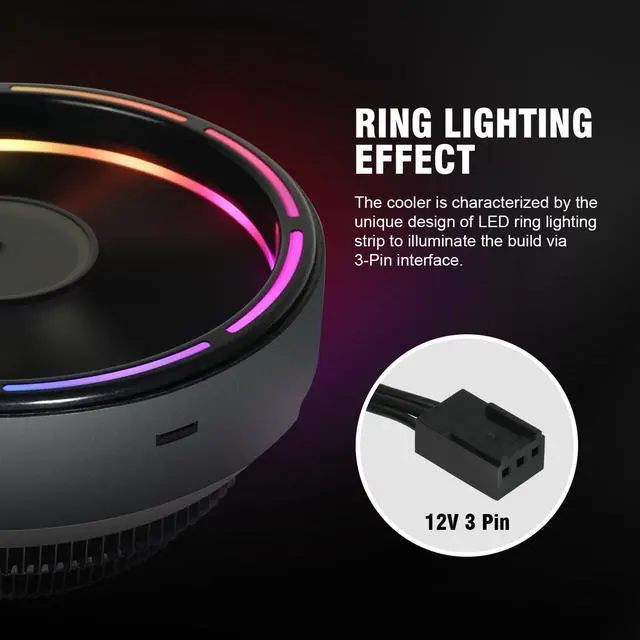 Alt view image 6 of 8 - Vetroo M2 CPU Cooler, Black Aluminum Fins LED Ring Lighting Hydraulic Bearing 90W TDP Air Cooler for Intel LGA 1700/1200/115X AMD AM5 AM4