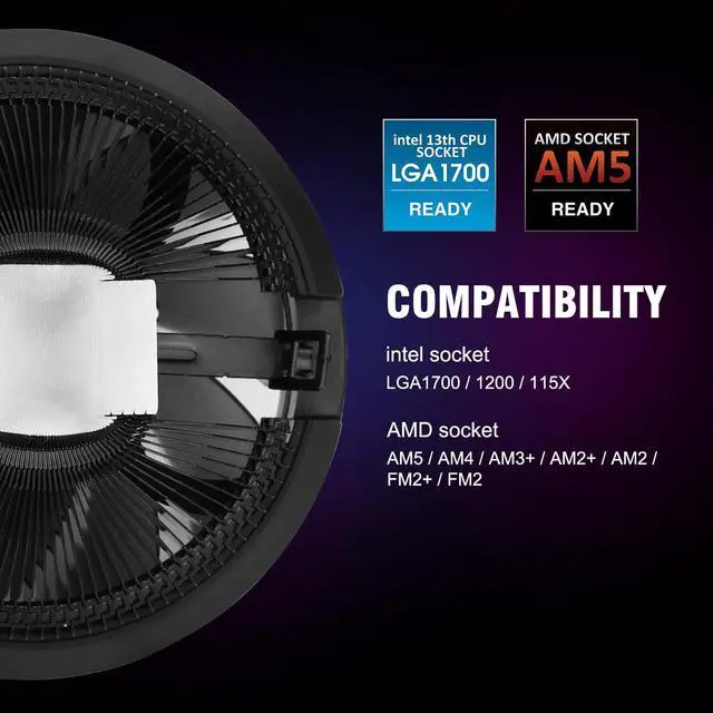 Alt view image 3 of 8 - Vetroo M2 CPU Cooler, Black Aluminum Fins LED Ring Lighting Hydraulic Bearing 90W TDP Air Cooler for Intel LGA 1700/1200/115X AMD AM5 AM4