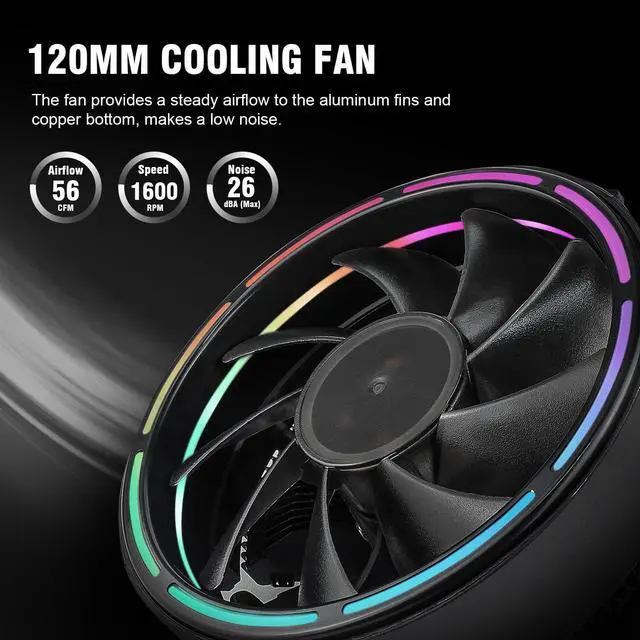 Alt view image 5 of 8 - Vetroo M2 CPU Cooler, Black Aluminum Fins LED Ring Lighting Hydraulic Bearing 90W TDP Air Cooler for Intel LGA 1700/1200/115X AMD AM5 AM4
