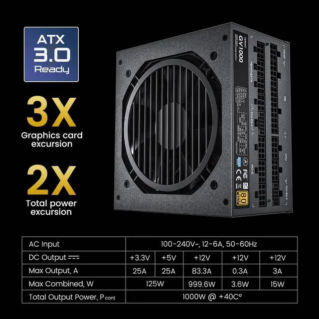 Alt view image 2 of 7 - Vetroo 1000W Power Supply ATX 3.0 Ready, Dual 12+4PIN PCIE 5.0 12VHPWR Ports & Three 6+2Pin PCIE ports, Full Modular 80 plus Gold, 12VHPWR Cable Included, ECO Fan Mode manually, 10 Year Warranty