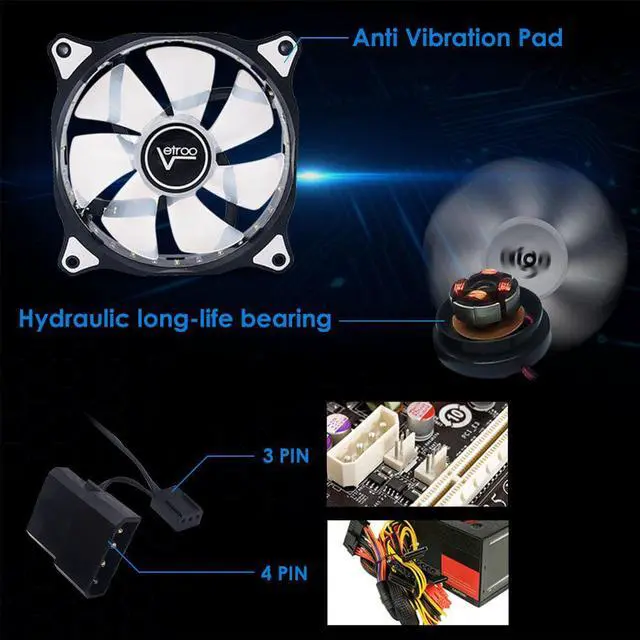 Alt view image 4 of 6 - 2pcs Vetroo 120mm Blue case fan with 15 LED Cooling Fans for Computer PC Case, CPU Cooler and Radiator