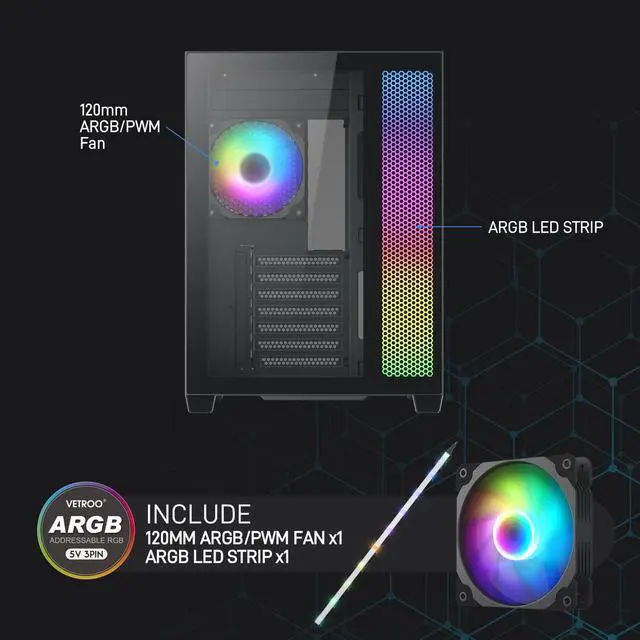 Alt view image 5 of 7 - Vetroo AL700 Mid-Tower ATX PC Case Dual Tempered Glass Panel Top & Baseplate 360mm Radiator Ready, with ARGB Led Strip & ARGB Fan, Support Max 400mm GPU including Nvidia 40 series  -Black