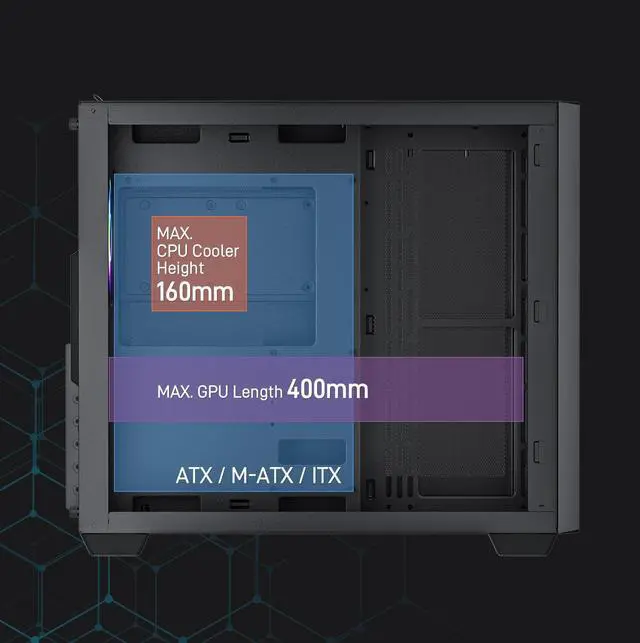 Alt view image 2 of 7 - Vetroo AL700 Mid-Tower ATX PC Case Dual Tempered Glass Panel Top & Baseplate 360mm Radiator Ready, with ARGB Led Strip & ARGB Fan, Support Max 400mm GPU including Nvidia 40 series  -Black