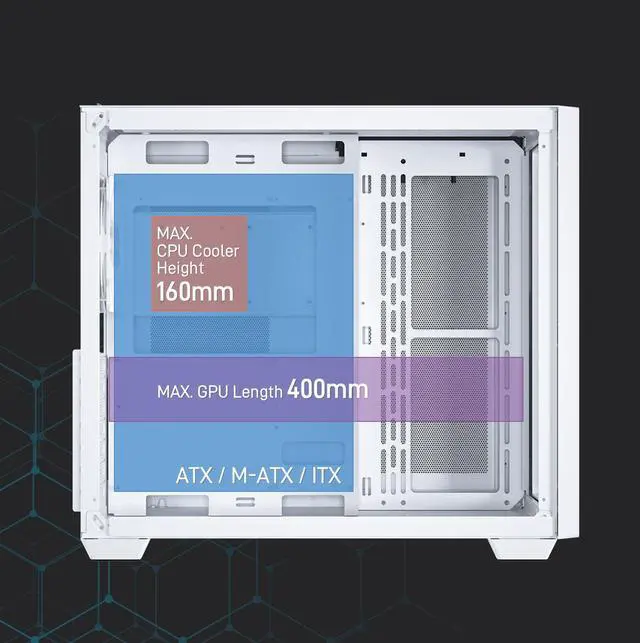 Alt view image 4 of 7 - Vetroo AL700 Mid-Tower ATX PC Case Dual Tempered Glass Panel Top & Baseplate 360mm Radiator Ready, with ARGB Led Strip & ARGB Fan, Support Max 400mm GPU including Nvidia 40 series -White