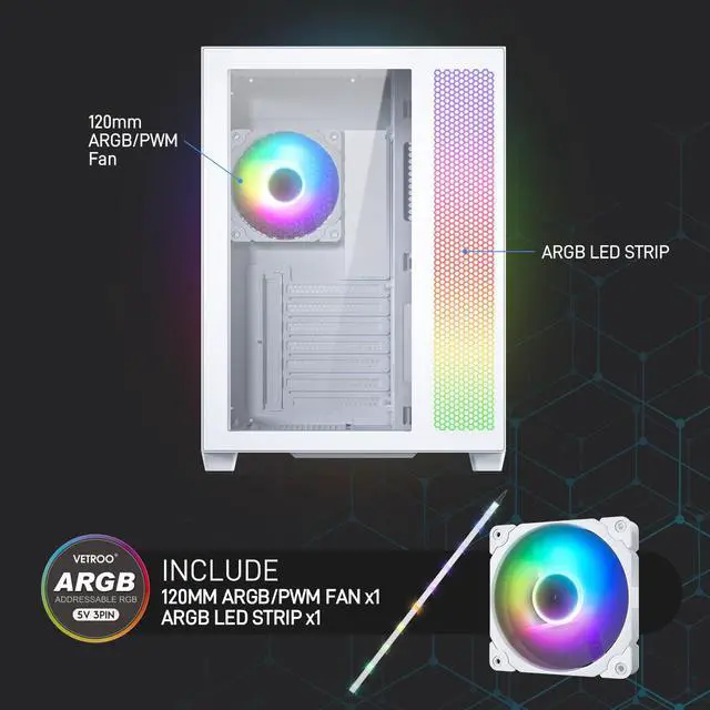 Alt view image 6 of 7 - Vetroo AL700 Mid-Tower ATX PC Case Dual Tempered Glass Panel Top & Baseplate 360mm Radiator Ready, with ARGB Led Strip & ARGB Fan, Support Max 400mm GPU including Nvidia 40 series -White