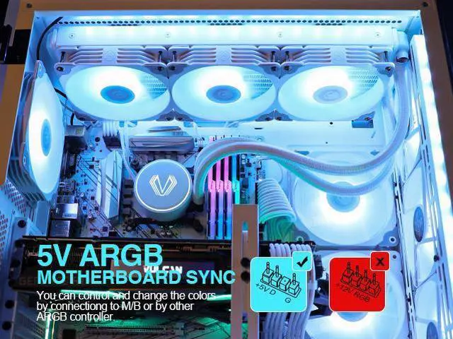 Alt view image 4 of 7 - Vetroo PC Case Fan, 120mm White High Airflow 5V 3-Pin ARGB & 4-Pin PWM Case CPU Cooling Fan