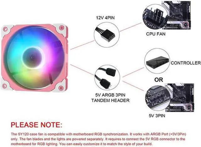 Alt view image 7 of 7 - Vetroo Sakura Pink Frame 120mm ARGB LED Case Cooling Fan Computer PC Cooler High Airflow High-Performance Controller Free with 5V 3pin Motherboard Sync (1 Pack)