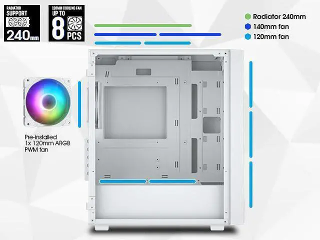 Alt view image 4 of 7 - Vetroo M05 White Compact Computer Case Micro ATX Mini ITX Type-C Ready Lucency 4mm Tempered Glass Mesh Panel Pre-Installed Rear 120mm Addressable RGB Fan 240mm Radiator Support