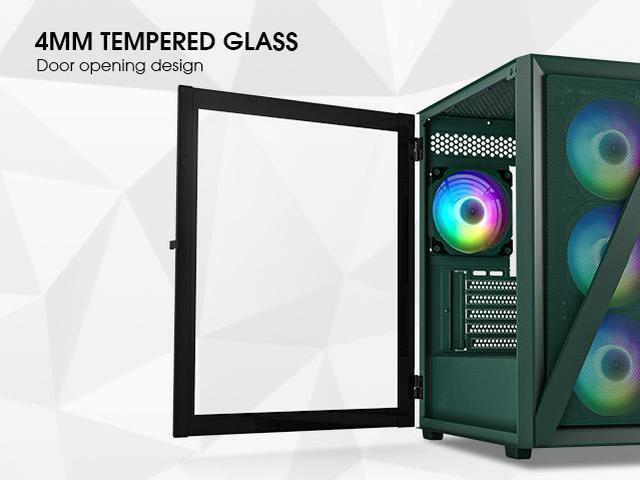 Alt view image 2 of 7 - Vetroo M05 Army Green Compact Computer Case Micro ATX Mini ITX Type-C Ready Lucency 4mm Tempered Glass Mesh Panel Pre-Installed Rear 120mm Addressable RGB Fan 240mm Radiator Support
