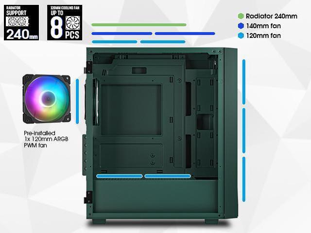 Alt view image 4 of 7 - Vetroo M05 Army Green Compact Computer Case Micro ATX Mini ITX Type-C Ready Lucency 4mm Tempered Glass Mesh Panel Pre-Installed Rear 120mm Addressable RGB Fan 240mm Radiator Support