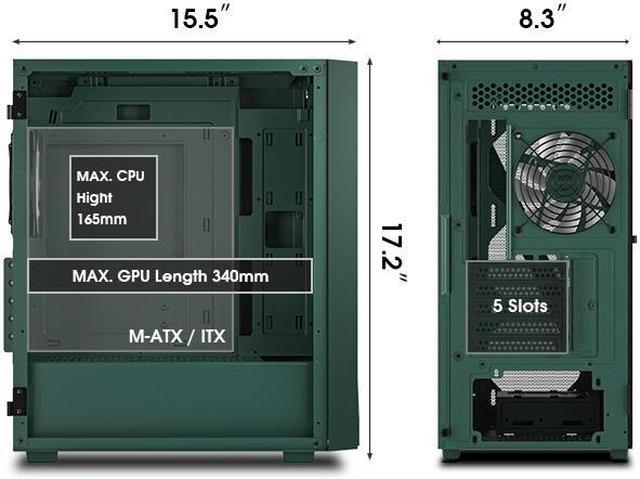 Alt view image 5 of 7 - Vetroo M05 Army Green Compact Computer Case Micro ATX Mini ITX Type-C Ready Lucency 4mm Tempered Glass Mesh Panel Pre-Installed Rear 120mm Addressable RGB Fan 240mm Radiator Support
