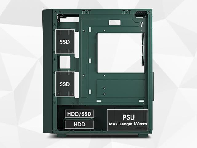 Alt view image 6 of 7 - Vetroo M05 Army Green Compact Computer Case Micro ATX Mini ITX Type-C Ready Lucency 4mm Tempered Glass Mesh Panel Pre-Installed Rear 120mm Addressable RGB Fan 240mm Radiator Support
