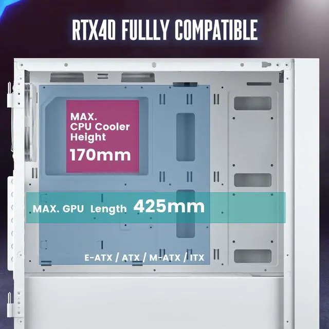 Alt view image 5 of 7 - Vetroo AL800 E-ATX Full Tower PC Gaming Case with 4mm Tempered Glass Side Panel & Mesh Front Panel RTX40 Fully Compatible Support 360mm Radiator 120mm ARGB Fan Included Type-C - White