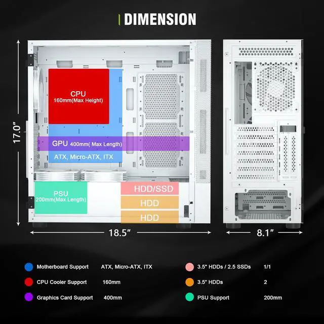 Alt view image 13 of 14 - Vetroo AL600 White Mid-Tower ATX PC Case, 3x 120mm ARGB Fans, 3x 120mm Regular Fans Pre-installed, Top 360mm Radiator Support Mesh Computer Gaming Case, Controller Hub Included
