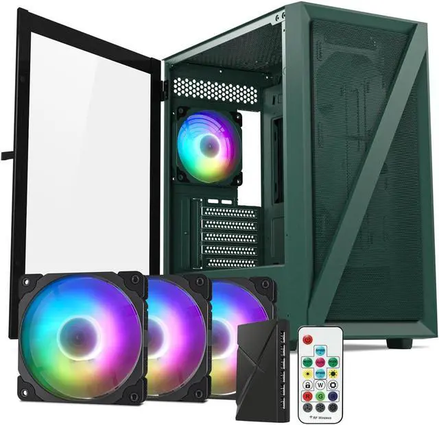 Main image of Vetroo M05 Micro ATX Computer PC Case with Door Open Tempered Glass Side Panel & Mesh Front Panel, Support 240mm Radiator, 4Pcs 120mm Addressable RGB Fans, Type-C Port - Army Green