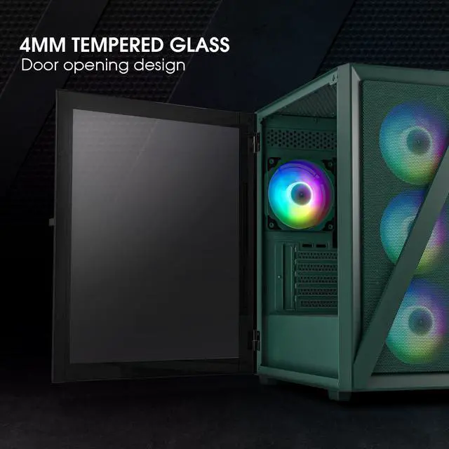 Alt view image 2 of 7 - Vetroo M05 Micro ATX Computer PC Case with Door Open Tempered Glass Side Panel & Mesh Front Panel, Support 240mm Radiator, 4Pcs 120mm Addressable RGB Fans, Type-C Port - Army Green