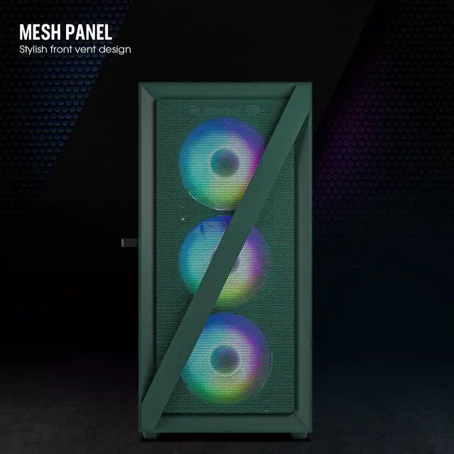 Alt view image 3 of 7 - Vetroo M05 Micro ATX Computer PC Case with Door Open Tempered Glass Side Panel & Mesh Front Panel, Support 240mm Radiator, 4Pcs 120mm Addressable RGB Fans, Type-C Port - Army Green