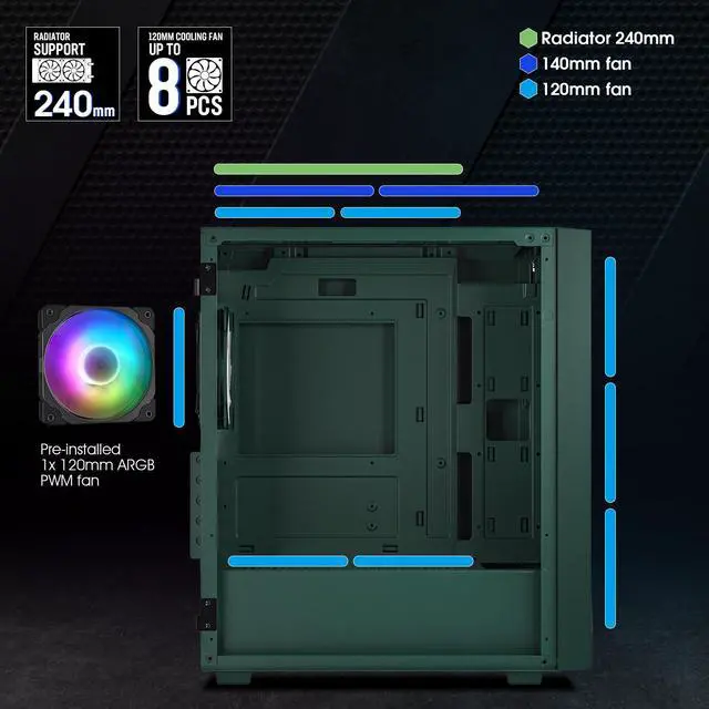 Alt view image 4 of 7 - Vetroo M05 Micro ATX Computer PC Case with Door Open Tempered Glass Side Panel & Mesh Front Panel, Support 240mm Radiator, 4Pcs 120mm Addressable RGB Fans, Type-C Port - Army Green