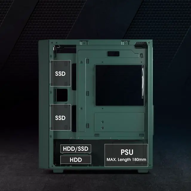 Alt view image 6 of 7 - Vetroo M05 Micro ATX Computer PC Case with Door Open Tempered Glass Side Panel & Mesh Front Panel, Support 240mm Radiator, 4Pcs 120mm Addressable RGB Fans, Type-C Port - Army Green