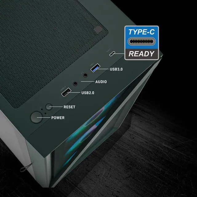 Alt view image 7 of 7 - Vetroo M05 Micro ATX Computer PC Case with Door Open Tempered Glass Side Panel & Mesh Front Panel, Support 240mm Radiator, 4Pcs 120mm Addressable RGB Fans, Type-C Port - Army Green