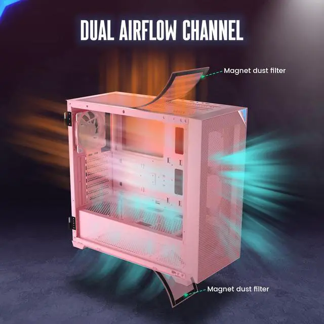 Alt view image 6 of 7 - VETROO AL800 Full Tower PC Computer Case w/Door Opening Design Tempered Glass, E-ATX/ATX Support, Built-in ARGB LED Strip in Front Mesh Panel, Type-C Ready, 4Pcs 120mm Addressable RGB Fans -Pink