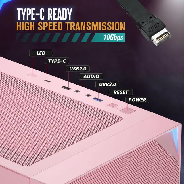 Alt view image 7 of 7 - VETROO AL800 Full Tower PC Computer Case w/Door Opening Design Tempered Glass, E-ATX/ATX Support, Built-in ARGB LED Strip in Front Mesh Panel, Type-C Ready, 4Pcs 120mm Addressable RGB Fans -Pink