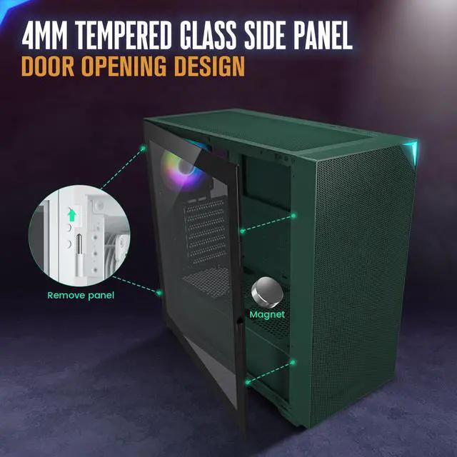 Alt view image 2 of 7 - VETROO AL800 Full Tower PC Computer Case w/Door Opening Design Tempered Glass, E-ATX/ATX Support, Built-in ARGB LED Strip in Front Mesh Panel, Type-C Ready, 4Pcs 120mm Addressable RGB Fans -Army Green