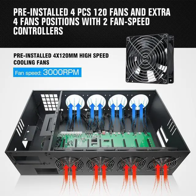 Alt view image 12 of 14 - DAYLEAD Mining Rig Case 8 GPU Mining Case Support 8 Cooling Fans(4 Preinstalled) and Mining Motherboard (Without GPU, PSU) for BTC/ETH/ZEC GPU Mining Rig