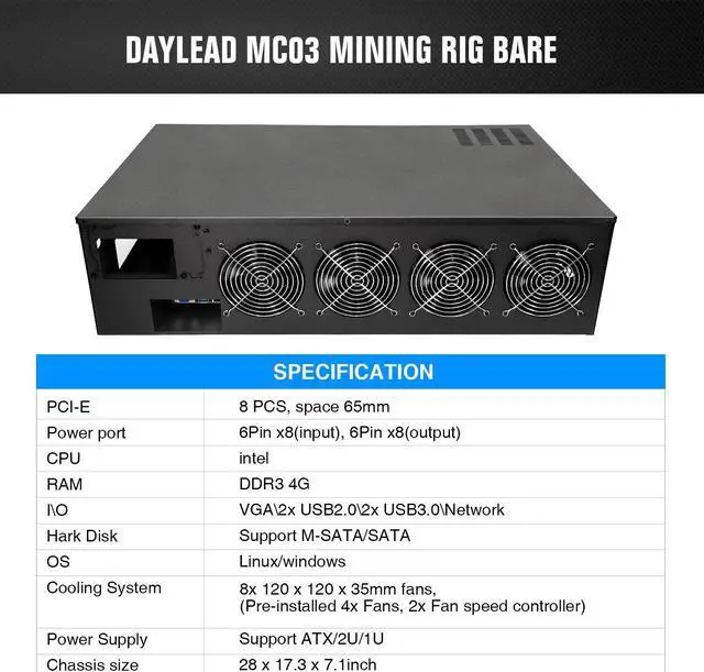 Alt view image 13 of 14 - DAYLEAD Mining Rig Case 8 GPU Mining Case Support 8 Cooling Fans(4 Preinstalled) and Mining Motherboard (Without GPU, PSU) for BTC/ETH/ZEC GPU Mining Rig